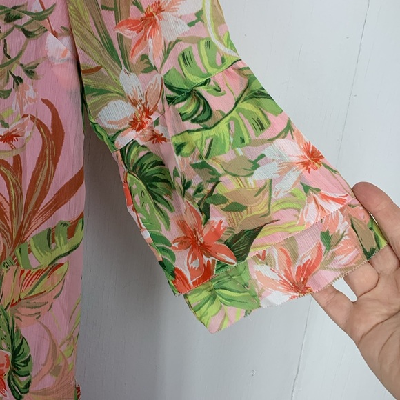 J Jill XSP Petite Tunic Blouse Gauzy Floral Multicolor Artsy Lined Tassels Beach - Picture 2 of 8